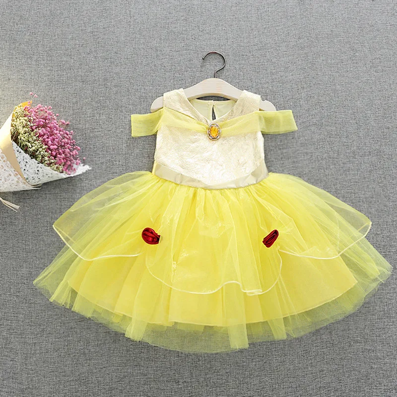 Summer Cartoon Movie Belle Dress Kids Sweet Princess Belle Dress Yellow ...