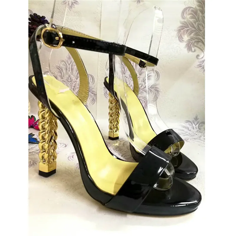 US $61.88 35% OFF|2019 New Black Patent leather High Heel Sandals Women Ankle Buckle Strap Runway Shoes Gold Chain Strange Heel Sandalias Mujer in US $61.88 35% OFF|2019 New Black Patent leather High Heel Sandals Women Ankle Buckle Strap Runway Shoes Gold Chain Strange Heel Sandalias Mujer in