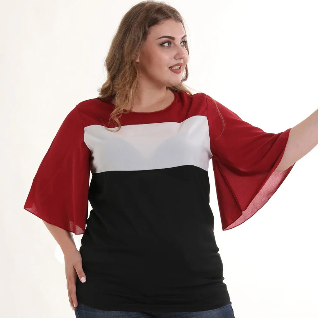 

Ladies Large Size Chiffon Double Blouse Fashion Color Matching Blouse Casual Round Neck Horn Sleeves Tunic Shirt#30
