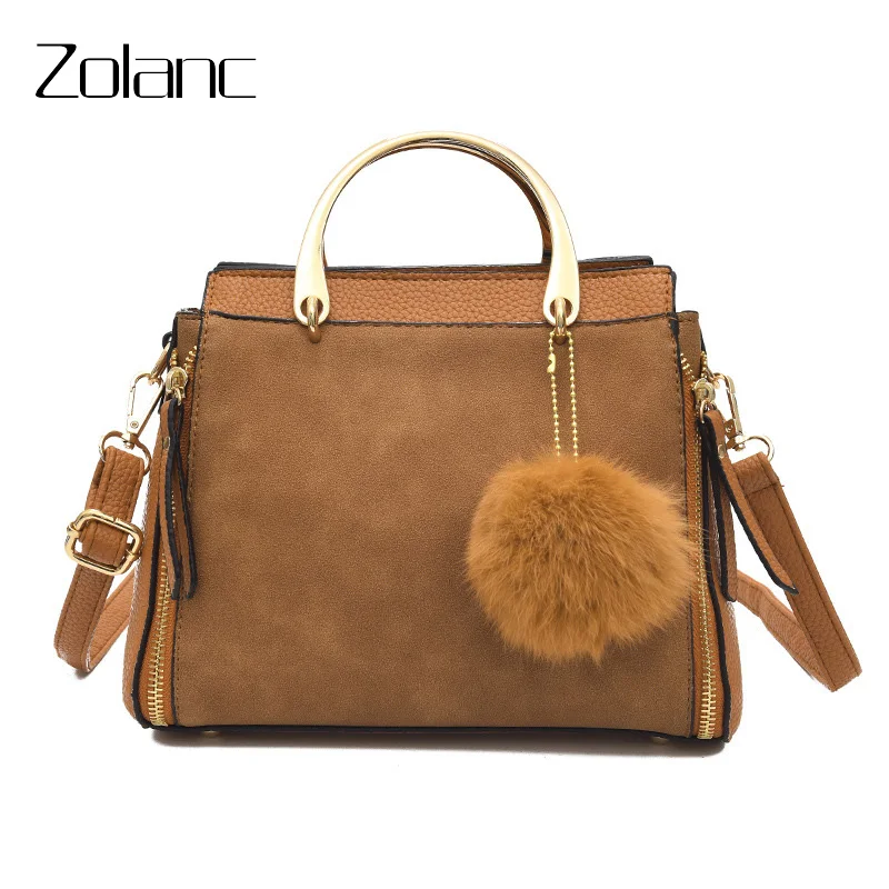 

Retro Hairball Women Messenger Bag Solid Single Leather Belt Metal Handle Soft Handbag Hit Color Casual Universal Shoulder Bags