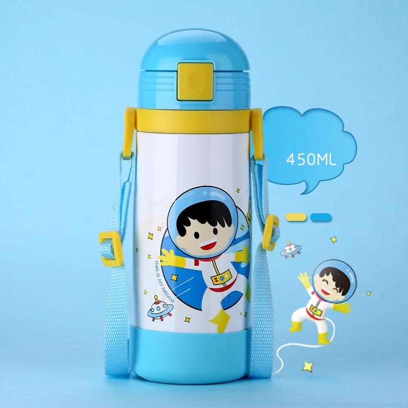 

450ML Antibacterial Strap Children's Thermos Cup with Straw Stainless Steel Baby Milk Vacuum Flask Durable Kids Water Bottle