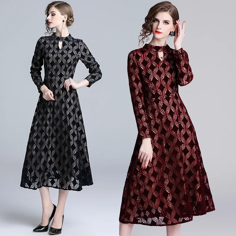 

New arrival Womans Embroidery Retro Lace Dress New Celebrity Elegant Fashion Party Mid-calf Dresses