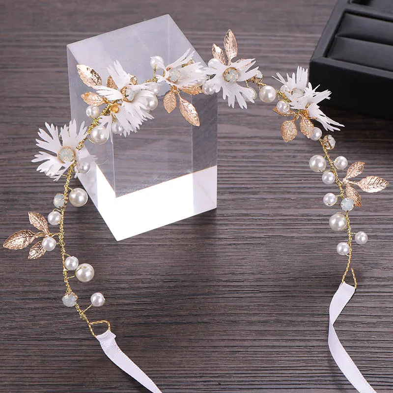 

White Flower Faux Pearls Rhinestone Headband headdress Wedding Dress Headpiece Accessories Bride Hair Pins Tiaras Ornaments