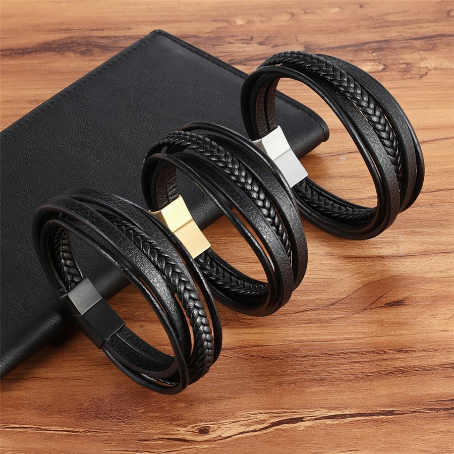 XQNI Trendy Men Jewelry Popular Black Color Genuine Leather Bracelet Multi-layer Design Charm Cuff Bangle For Handsome Boy Gift