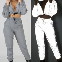 Новая мода, женский сексуальный светоотражающий спортивный костюм, ночная версия, короткий топ с длинным рукавом+ брюки карго, Клубная одежда, уличная одежда, комплект из двух предметов