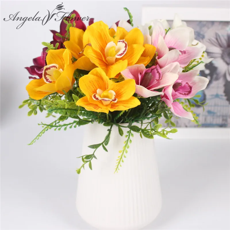

New 5 heads artificial flower bouquet cymbidium orchid DIY wedding bouquet home party table flower wall accessories orchid 1pc