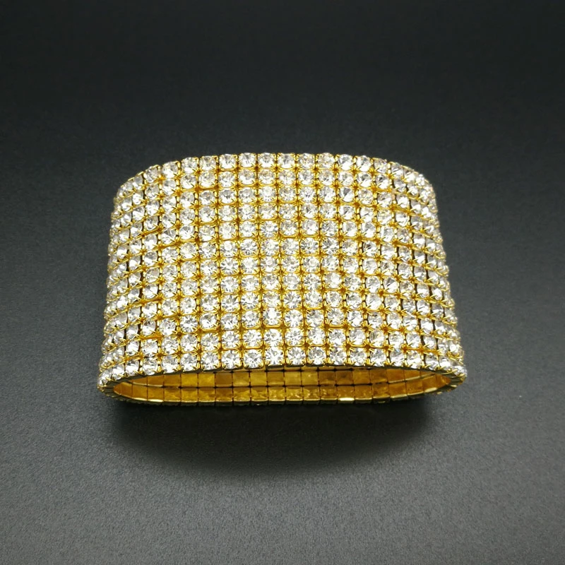 12 Rows Rhinestone Crystal Wedding Bracelet Silver Plated and Gold Color Stone Wide Bangle Bracelet for Women (3)