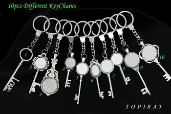 

10pcs Mix Keychains Antique Silver Zinc Alloy Key Shape Pendant Blank Cameo Cabochon Base Setting Jewelry Accessories