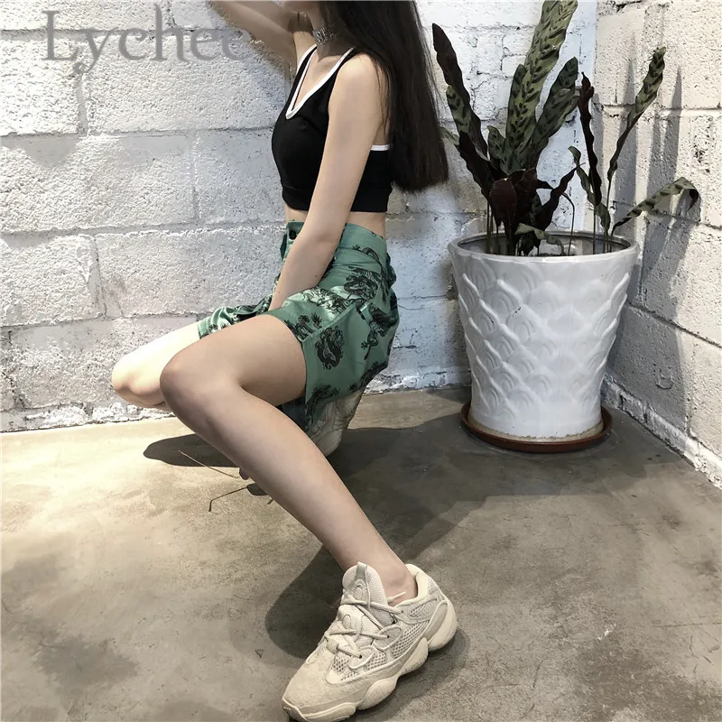 Lychee Harajuku с принтом дракона женские шорты выше колена с высокой талией Лето Весна Цвет Блок популярной расцветки свободный Женские шорты