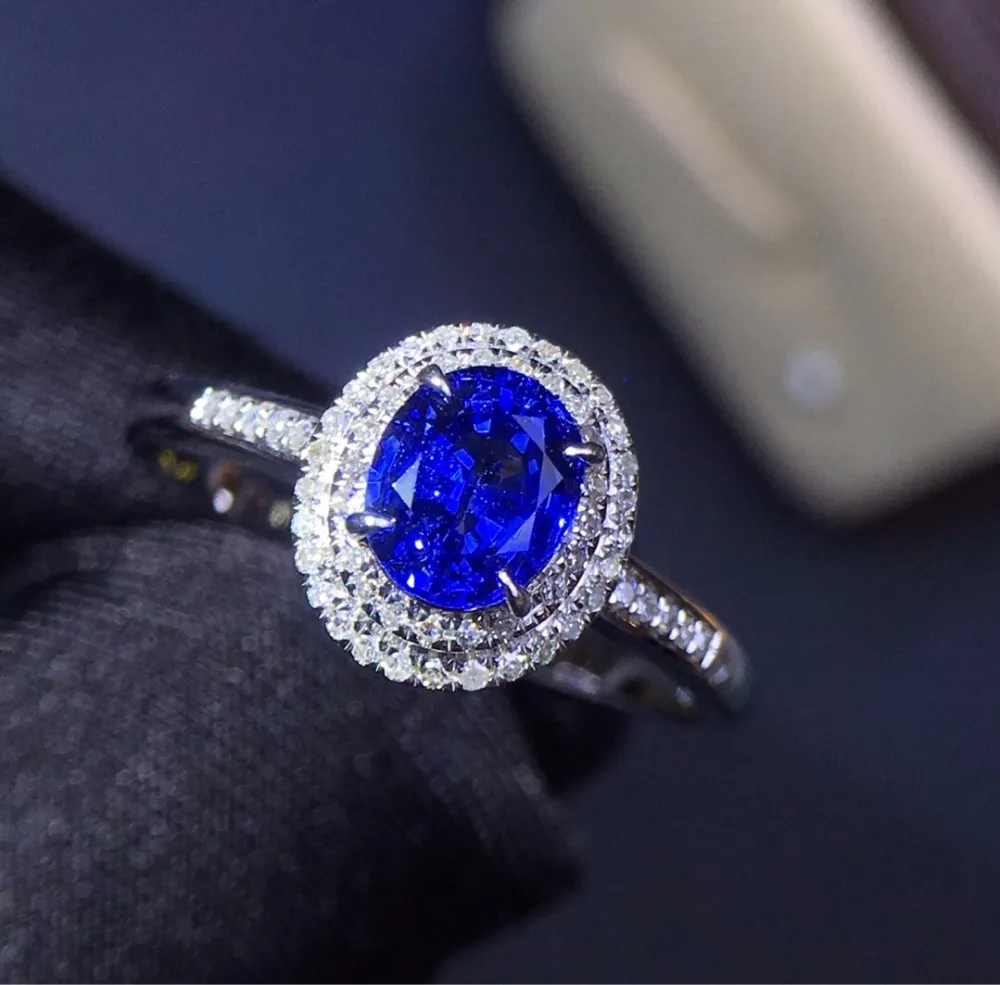

Fine Jewelry Real 18K White Gold 100% Natural 0.9ct Blue Sapphire Gemstone 18k Gold Diamonds Stone Women Ring for Female Rings