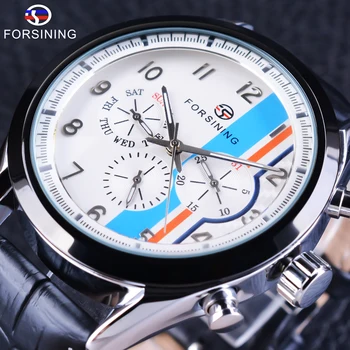 

Forsining Three Dial Fashion Calendar Blue Display Genuine Leather Strap Men Watch Top Brand Luxury Automatic Men's Wrist Watch