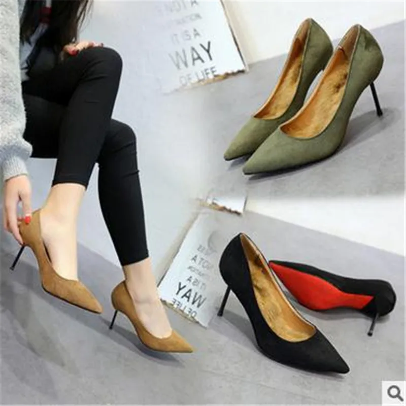 

2017 spring new style solid color scrub with thin shoes, pointed, shallow mouth, high heels and velvet warm women's shoes