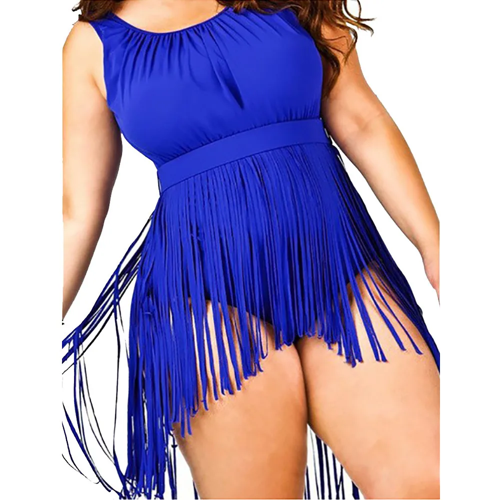 Женское платье-бикини размера плюс 6XL, монокини с пуш-ап, купальник с бахромой, женская одежда для плавания, летняя цельная пляжная одежда для полных женщин
