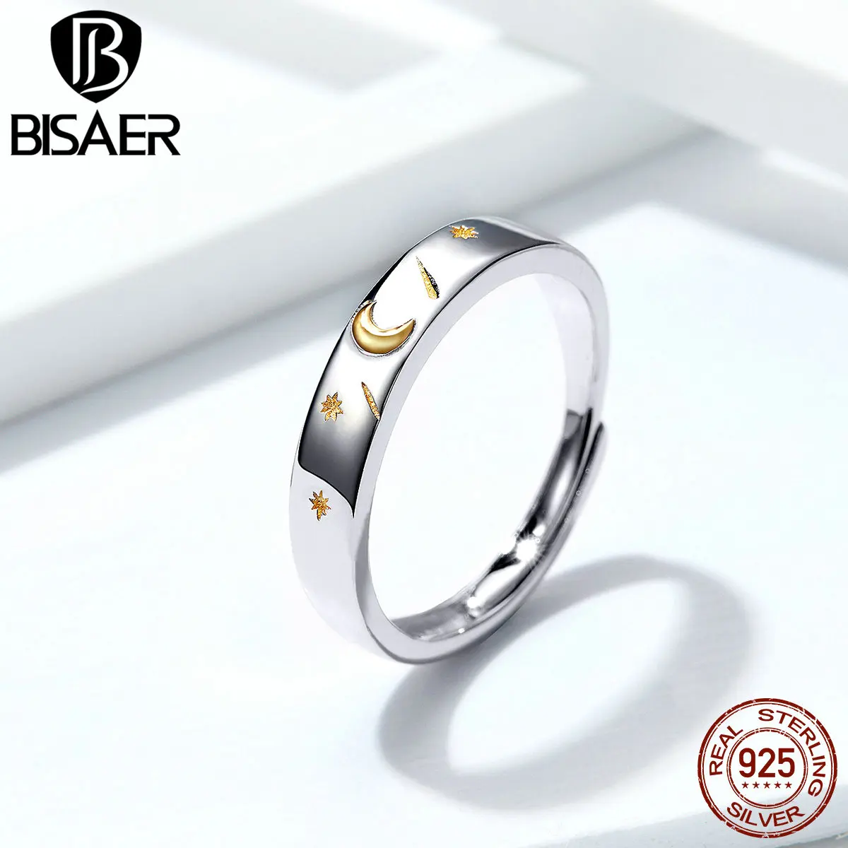 

BISAER Moon And Star Women Ring 925 Sterling Silver Moon Star Story Pave Adjustable Finger Rings Sterling Silver Jewelry ECR509