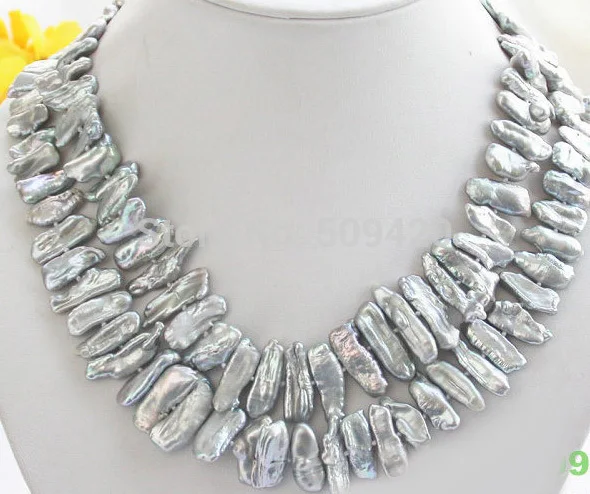~~ Free Shipping Luster 2row 30MM GRAY DENS BIWA PEARL NECKLACE