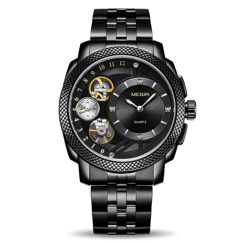 MEGIR, модные мужские часы, Лидирующий бренд, Роскошные Спортивные кварцевые наручные часы с кожаным ремешком, армейские военные часы, мужские часы Erkek Kol Saati - Цвет: MS2091G-BK-1