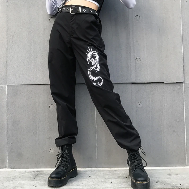 

7Mang 2018 Embroidery Dragon Black Harajuku Pants Chinese Style Trousers High Waist Trousers Women Hiphop Casual Sweatpants 1214