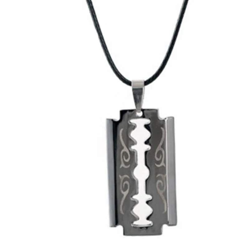 

1pc Men Fashion Punk Stainless Steel Razor Blades Shaped Pendant Necklace Cool Leather Rope Choker Metal Jewelry Gifts