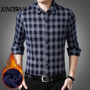 

Europe New Men's Winter Autumn Plus Velvet Turn Down Collar Plaid Dress Shirts Male Fashion Single Breasted Thick Warm Blouses