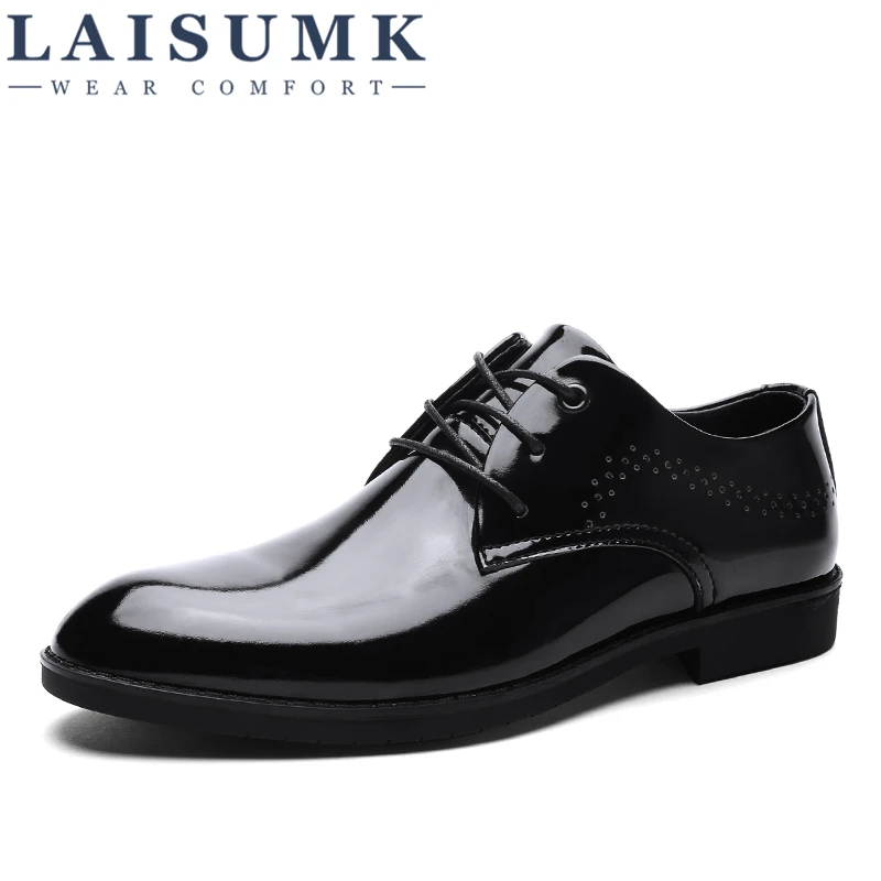 

LAISUMK 2019 Newly Men's Quality Patent Leather Shoes Zapatos de hombre Size 38-44 Black Split Leather Soft Male Dress Shoes