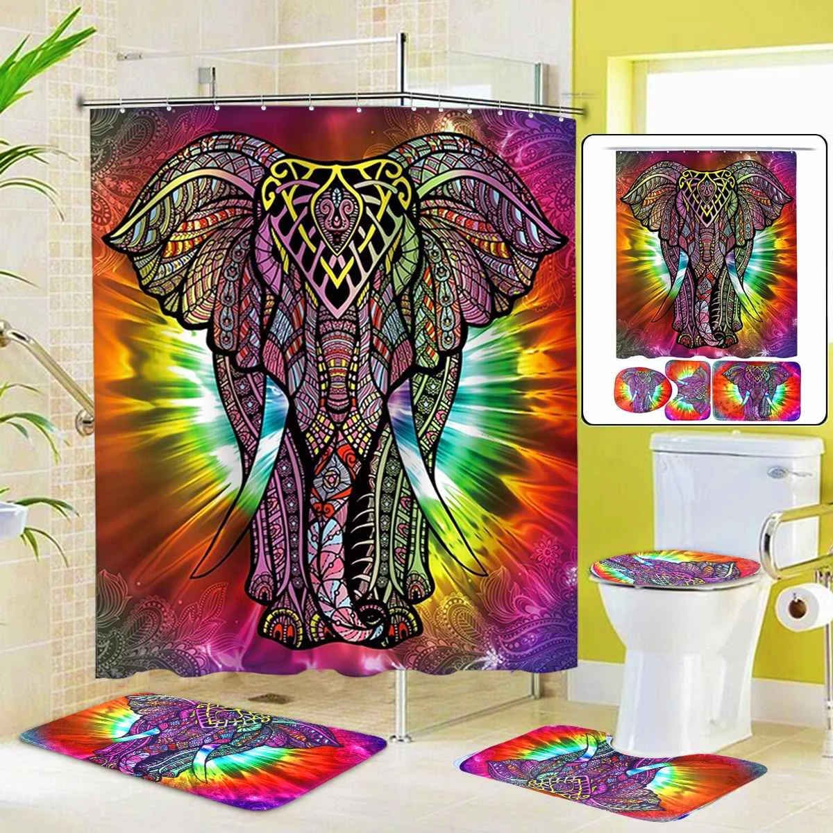 

Elephant Printed Pattern Shower Curtain Pedestal Rug Lid Toilet Cover Mat Bath Mat Set Bathroom Curtains with Hooks