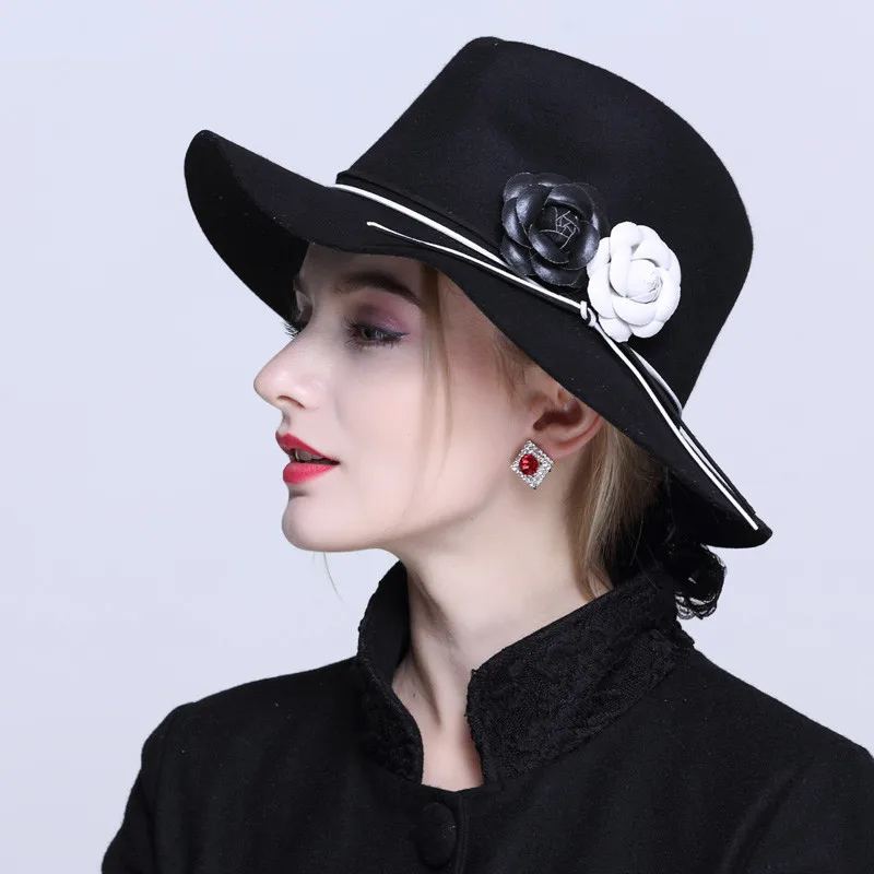 Австралийская Шерсть Женская зимняя Auturmn Floppy Brim Flower Camellia Fedora шляпа для элегантных laday церковная Кепка Панама топ шляпа 20 - Цвет: Black