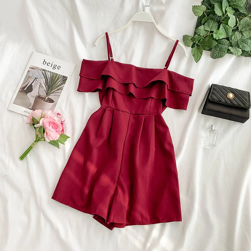 

Euro Summer Women Vintage Urban Cascading Slash Neck Off-shoulders Playsuits Ladies Rompers Loose Leg Short Overalls Playsuits