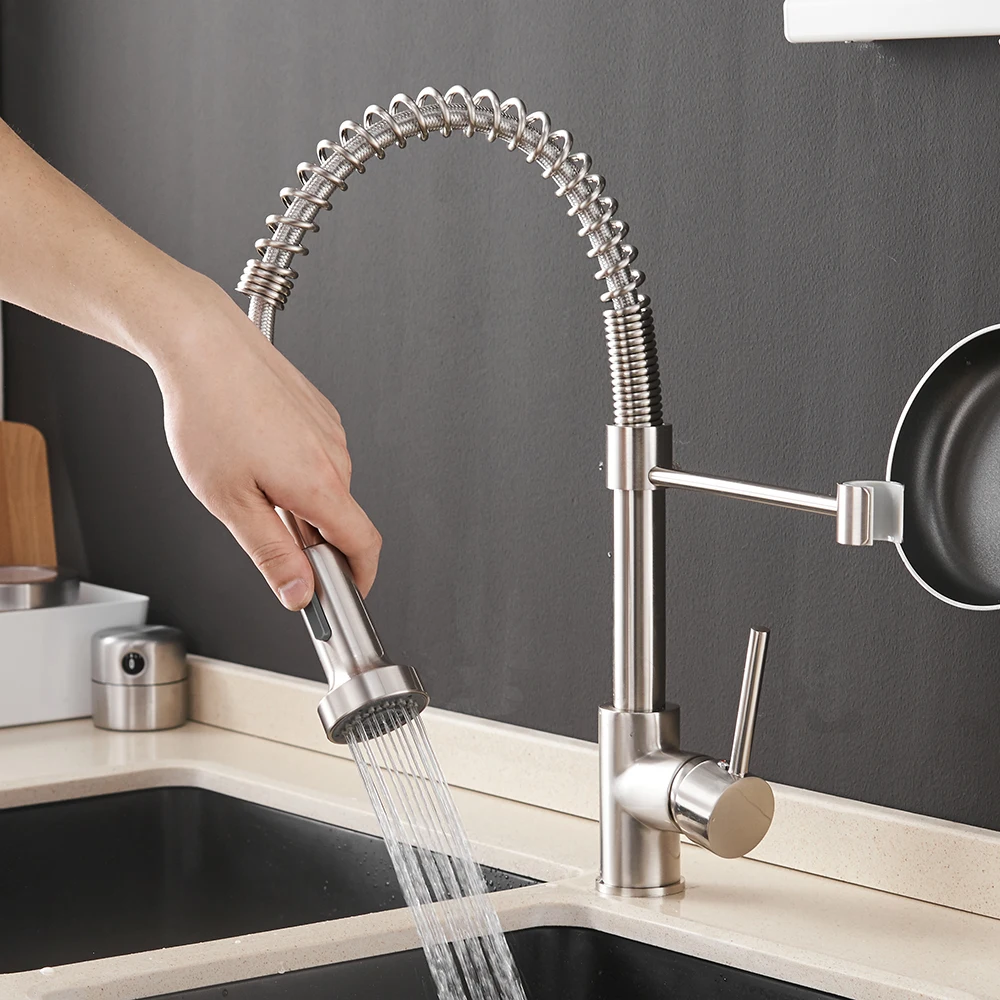  Kitchen Faucets Brush Brass Faucets for Kitchen Sink Single Lever Pull Out Spring Spout Mixers Tap  - 32893077501