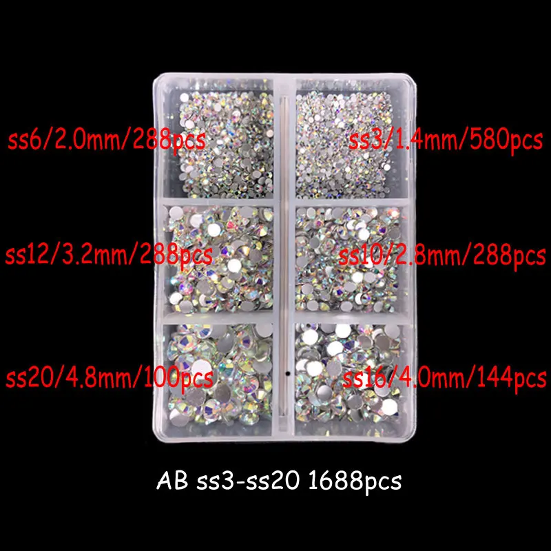 1 Box 1688Pcs AB Color Nail Rhinestone Clear Flat Bottom Multi-size Glass Gems DIY Manicure Nails A