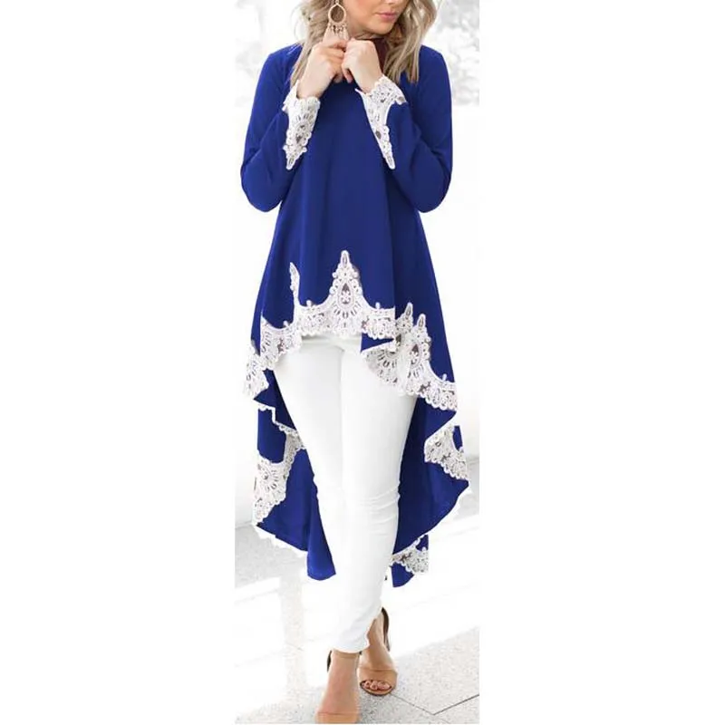 

Women High Neck Long Sleeve Lace Blouse Casual Loose Elegant Patchwork Long Top Plus Size Clothes