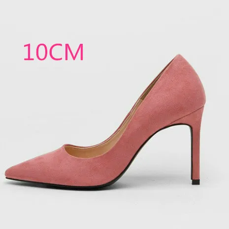 Женские туфли-лодочки из флока на высоком каблуке с острым носком, пикантная женская обувь на тонком каблуке, chaussure femme, осень - Цвет: Pink-10CM Heel