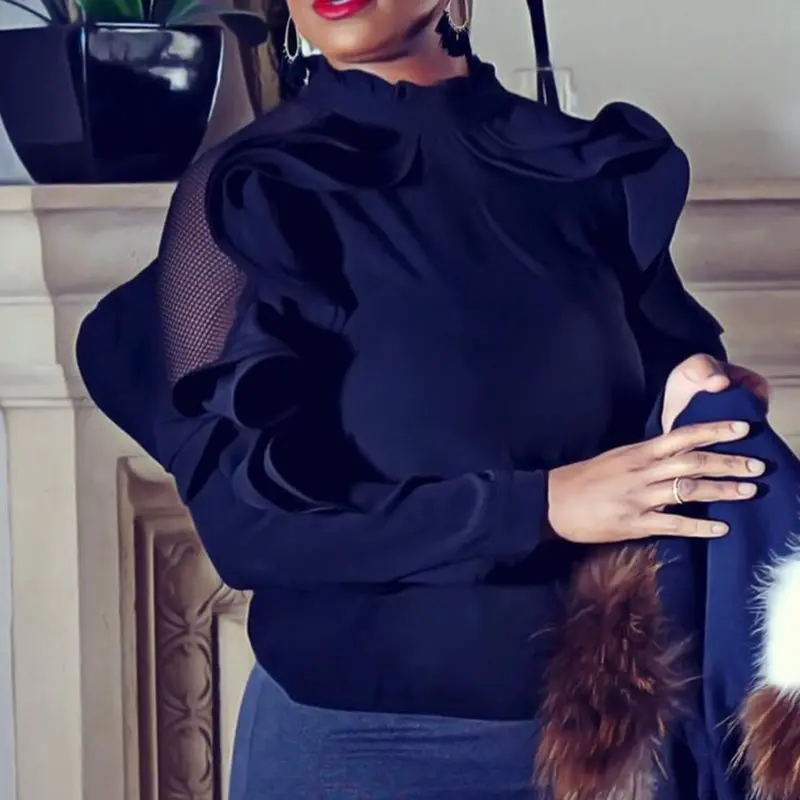 الصيف أنيقة حزب شيك الأسود عارضة البلوزات امرأة 2019 ضئيلة Falbala و الجوف الصلبة خمر زائد حجم الإناث قمم الأفريقي قمصان