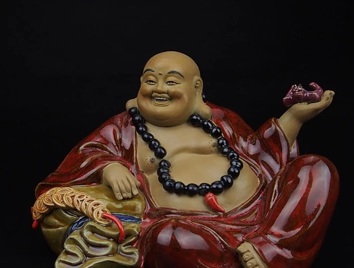 

China Pottery Wucai Porcelain Home Money Bat Fu Sit Happy Maitreya Buddha Statue