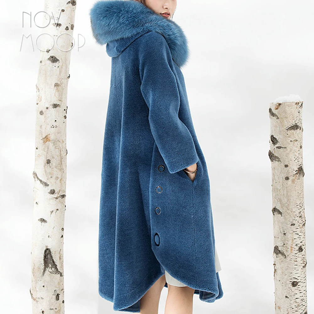 Зимняя теплая женская куртка из овечьей шерсти, цвета: верблюжий, голубой, с натуральным лисьим мехом, с капюшоном, длинная верхняя одежда, ветровка, casacos LT2616