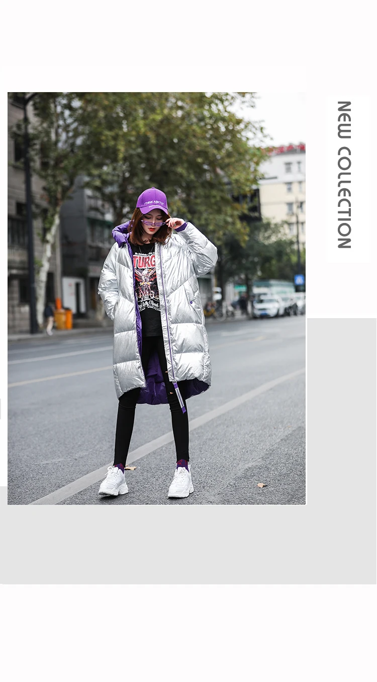 Зимние пуховики, пальто для женщин, плюс размер,, Модная парка с капюшоном, длинная Серебряная куртка, утолщенная женская зимняя верхняя одежда, теплая, HS242