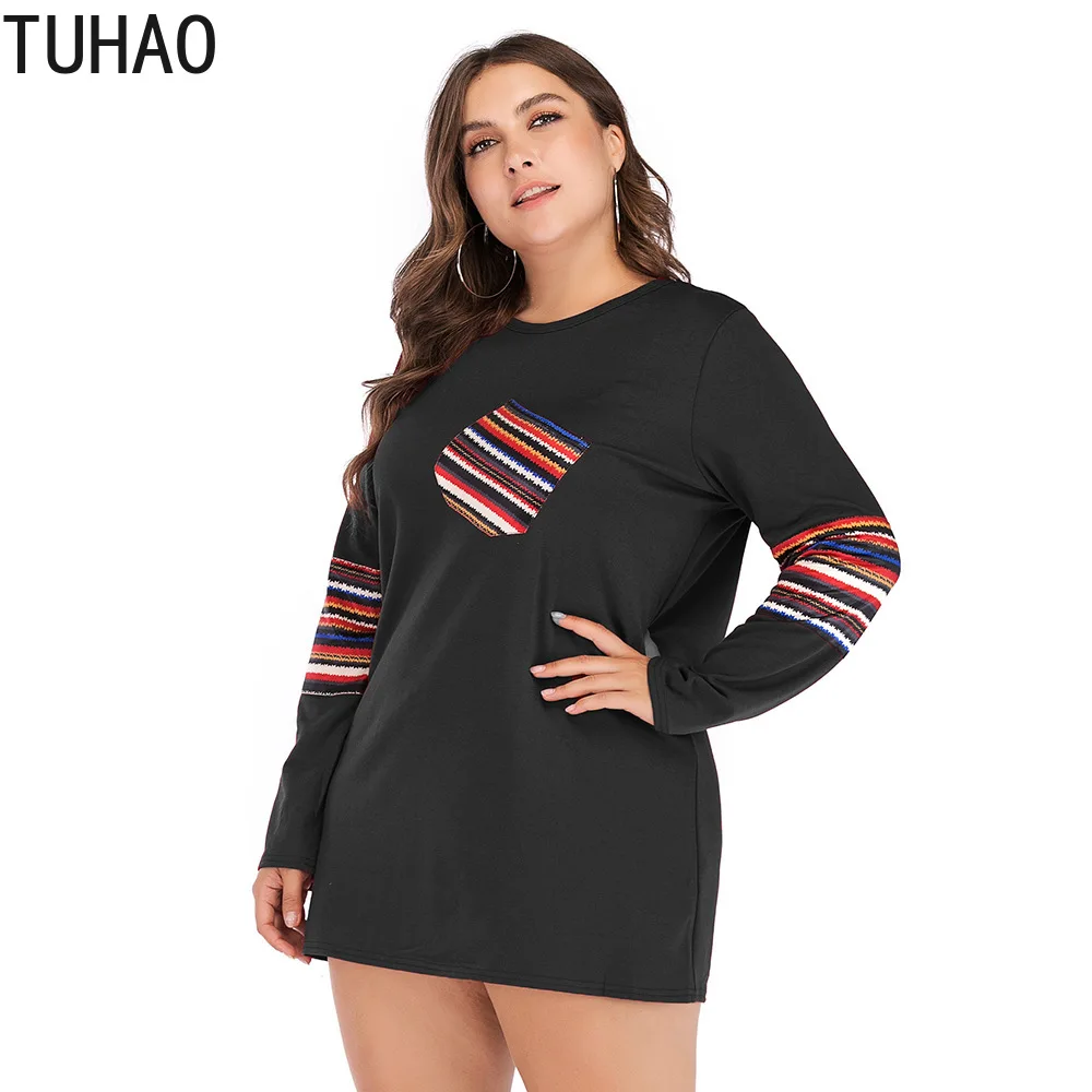 

TUHAO Spring Autumn 2019 Office Lady T-Shirts Pocket Spliced Striped Long Sleeve Plus Size 5XL 4XL 3XL Women Shirt Tops Tee LW54