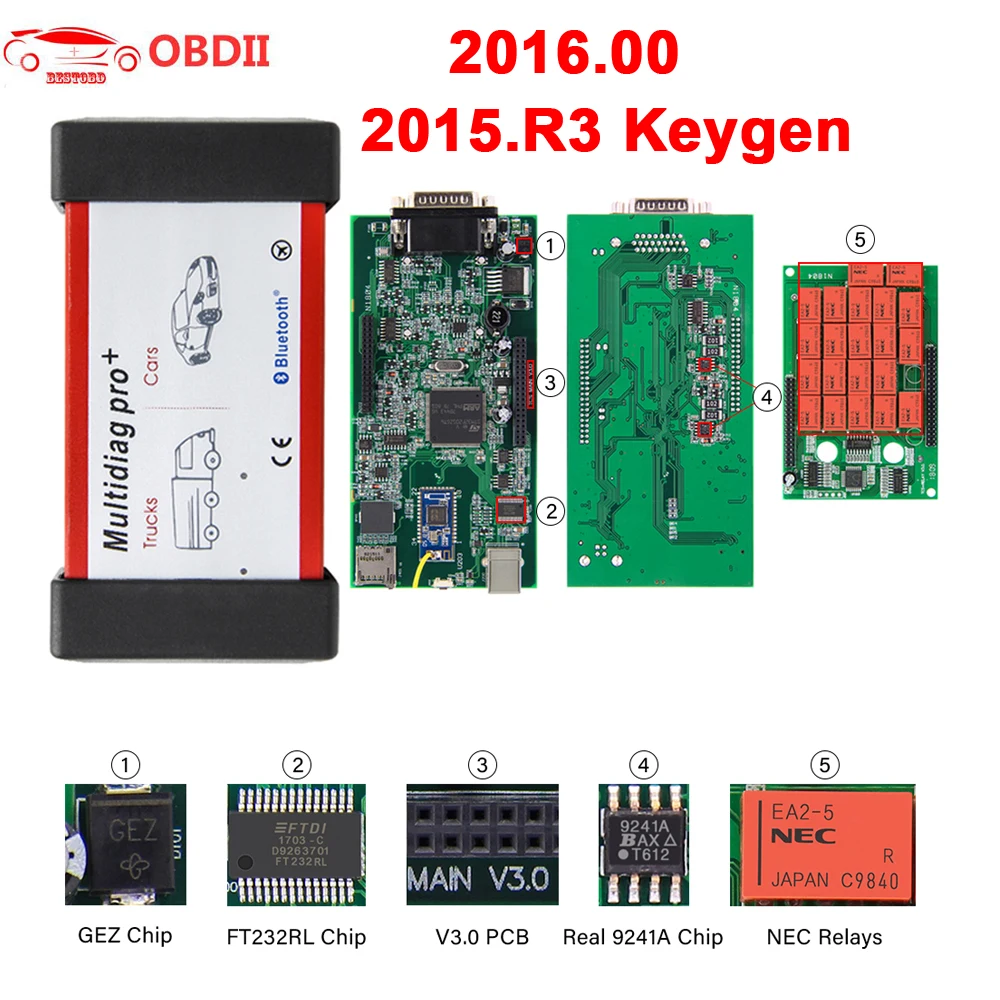 

2016.00 CDPTCS Pro Multidiag Pro With V3.0 PCB+NEC Relay+Real 9241A Bluetooth OBD OBD2 Cars Trucks Diagnostic tool CDP+