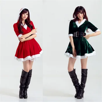 

Christmas cosplay Dress Women Christmas Costume For Adult Red Velvet Fur Dresses Hooded Sexy Female Santa Claus Costume