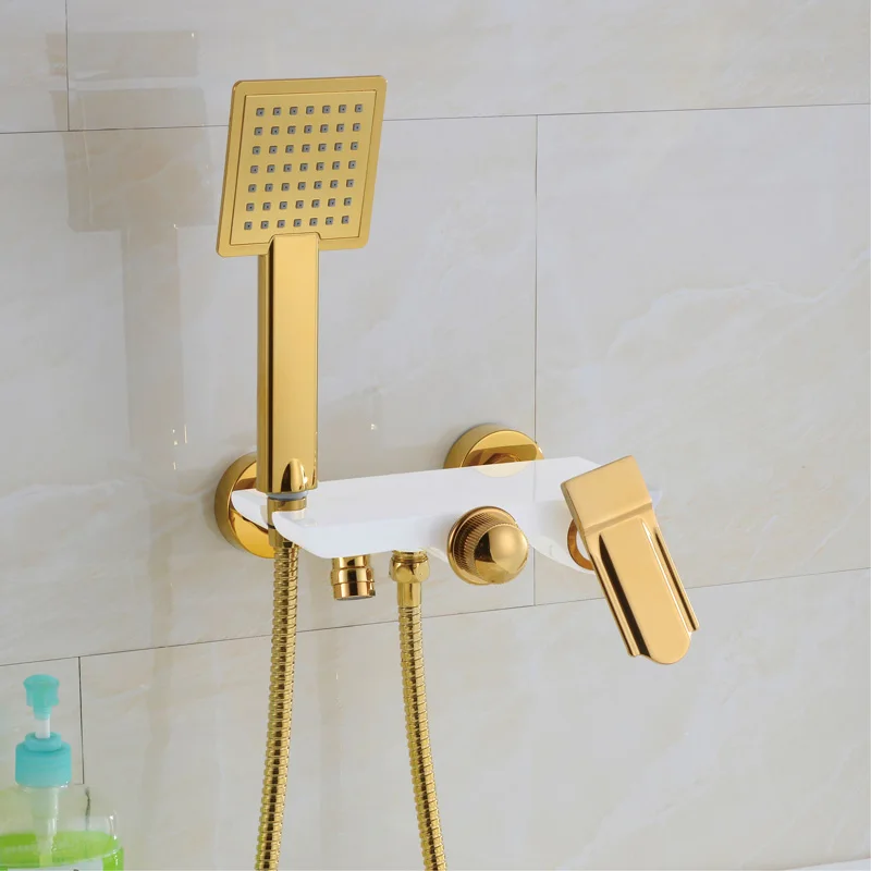Wall Mounted Chrome Brass Gold Plate Bathroom Shower Faucet Set Bath