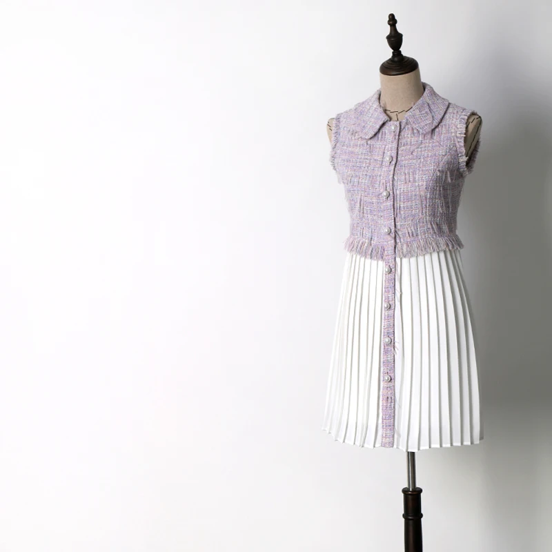 

2018 Spring Autumn Women Light Purple Tweed Patchwork White Pleated Dresses Girls Party Sweet Cute Sleeveless Dress JC2569
