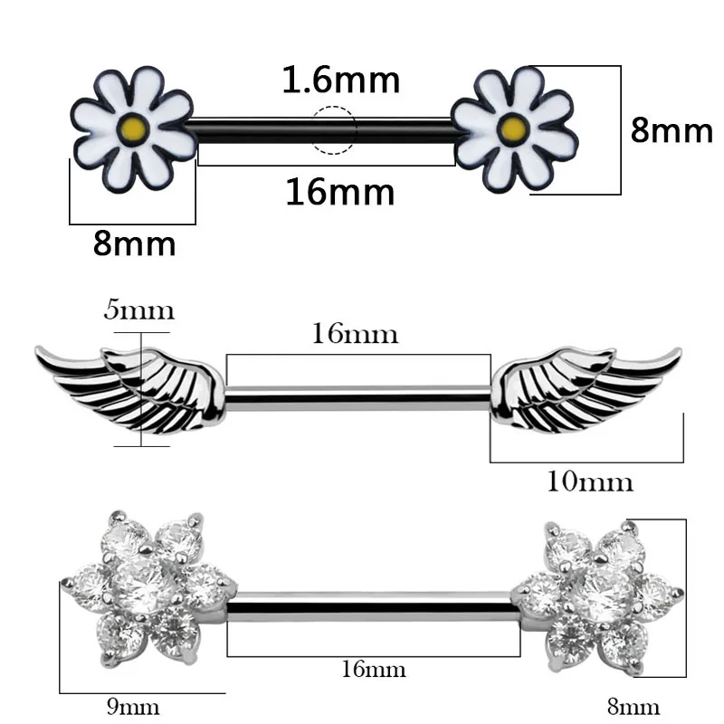 2 шт. Высокое качество циркон цветок и крыло подвеска сосок пирсинг щиты баров 14 г 316L хирургическая сталь кольца для сосков ювелирные изделия для тела