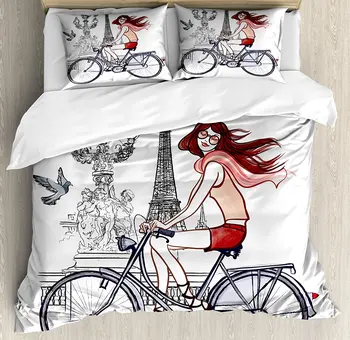

Eiffel Tower Duvet Cover Set, Illustration of a Woman on Alexander III Bridge in Paris Riding a Bike, 4 Piece Bedding Set