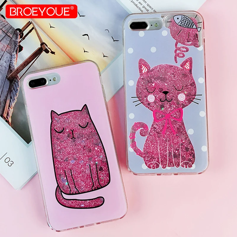 

Pink Cats Cover For iPhone 8 7 PlusSoft Case Transparent Star Bling Pattern Cover Glitter Liquid Luxury Case For iPhone 7 8 Plus