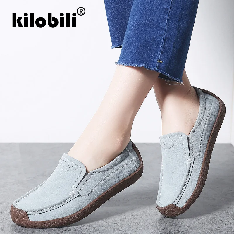 

kilobili 2019 Spring Women Flat Shoes Women Suede Leather Shoes Ladies Casual Loafers Slip On Ballet Flats Oxford Boat Shoes
