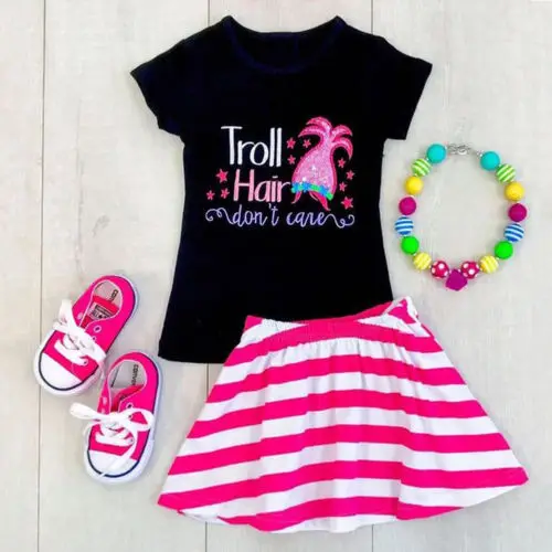 

Summer Kids Troll 2Pcs Clothes Sets Toddler Baby Girls Cartoon Outfits Tops T-Shirt + Pink Striped Skirt Children Outfits Set