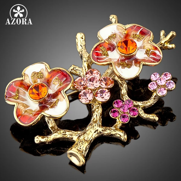 

AZORA Gold Color Stellux Mutilcolour Austrian Crystal The Plum Blossom Branches Design Brooch TP0010
