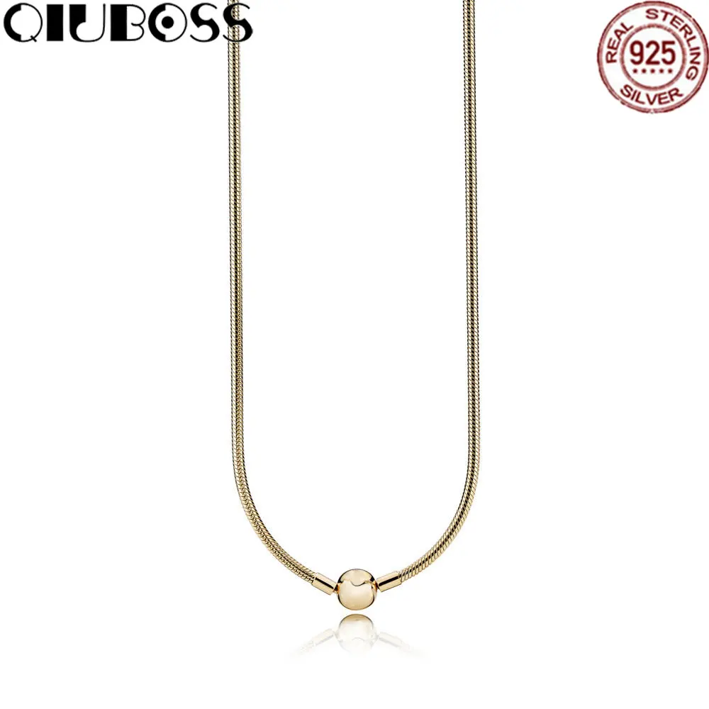 

QIUBOSS 925 Sterling Silver MOMENTS 14ct Gold Necklace Fit Charm Diy Original Jewelry Woman Gift 550742