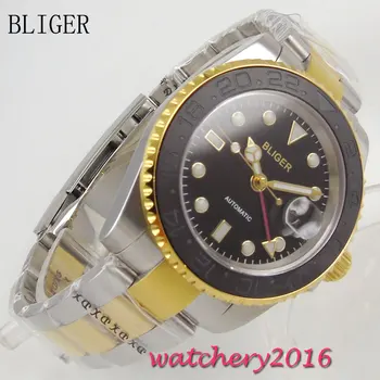

40mm Bliger Sapphire glass Date adjust Bracelet clasp black dial Rotating ceramic Bezel GMT Automatic Movement Men's Wristwatch