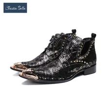 Кристиа Белла; итальянская мужская обувь; модные черные кожаные ботинки; мужские вечерние ботинки с острым металлическим наконечником, на шнуровке, с заклепками; botas hombre