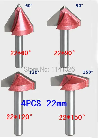 4 шт. (60/90/120/150 градусов) Shank-6mm Width-22mm CNC Гравировка 3D V паз фреза Набор инструментов